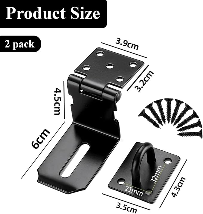2 Pack 90 Degree Black Padlock Door Clasp, 4 Inch Security Lock Hasp, Stainless Steel Gate Latch for Garden Wooden Shed Barn Door, Closets, Cabinets, Pet Cage, Storage Box