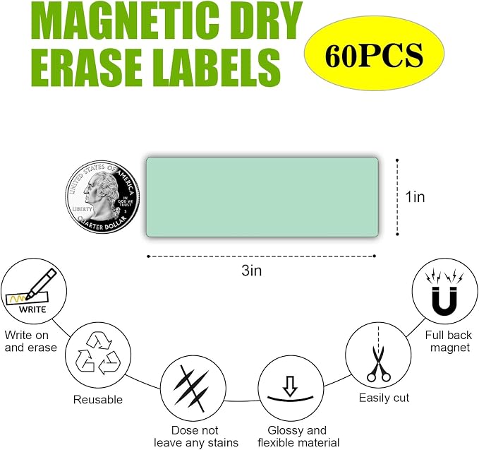 Magnetic Dry Erase Magnets Labels(1x3,Pack of 60),Organizing Schedules in Office/Classroom.Reusable Name Tags on Fridge/White Board,Pastel Colors(Light Green)