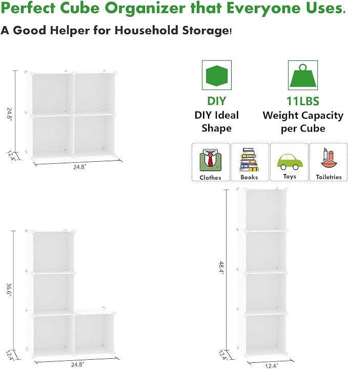 C&AHOME Plastic Cube Storage Organizer, 4-Cube Shelves Units, Milky | DIY Modular Bookshelf, Portable Closet Organizers and Storage Ideal for Bedroom, Office, 24.8" L x 12.4" W x 24.8" H