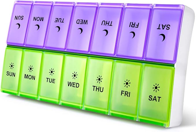 DANYING Extra Large Pill Organizer 2 Times a Day, XL Weekly Pill Box, AM PM Pill Case, Pill Container 7 Day, Vitamin Case Twice a Day, Green & Purple