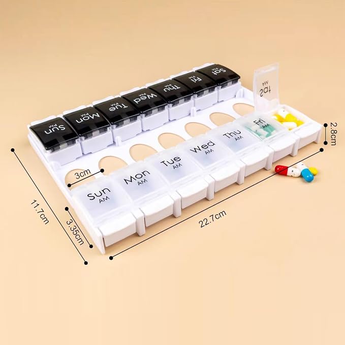 7-Day Portable Weekly Pill Case Daily Vitamin Medicine Box Planner | Travel Vitamin Organizer Dispenser, AM/PM, Large 14 Compartment Capsule Fish Oil Tablet Container, Black and Transparent Lids