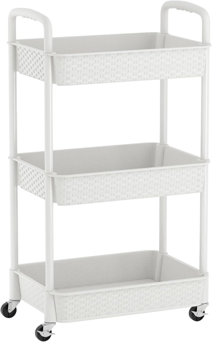 MOYIPIN 3-Tier Plastic Rolling Utility Cart with Handle,Utility Storage Cart for Office, Living Room, Kitchen,Movable Storage Organizer Shelves,White | Utility Storage Cart for Office, Living Room, Kitchen,Movable Storage Organizer，Easy installation，Ra...