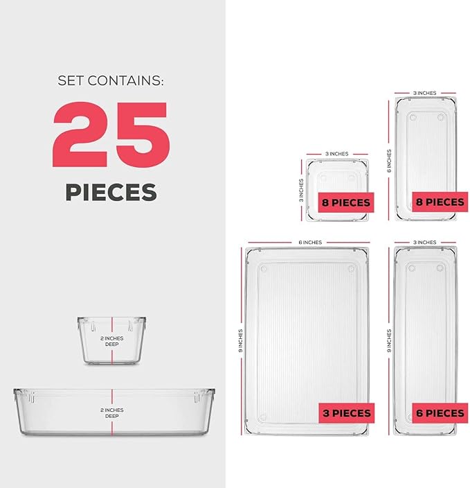 Seseno 25 PCS Clear Plastic Drawer Organizers Set, 4-Size Versatile Bathroom and Vanity Drawer Organizer Trays, Storage Bins for Makeup, Bedroom, Kitchen Gadgets Utensils and Office Accessories