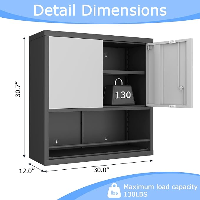 Metal Cabinet Wall Mounted, Garage Wall Cabinets with Doors & Adjustable Shelves, Steel Floating Hanging Storage Cabinet, Metal Locking Cabinet for Bathroom, Office, Warehouse