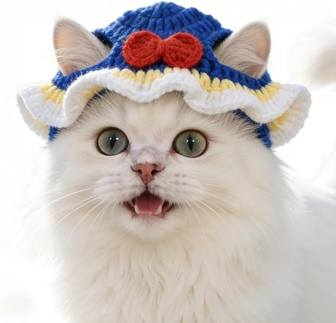 White Snow Cat Hat, Cotton & Soft Cute Knitted Hats for Cats Birthday Party Spring Puppy Hat for Small Pets (White Snow, M)