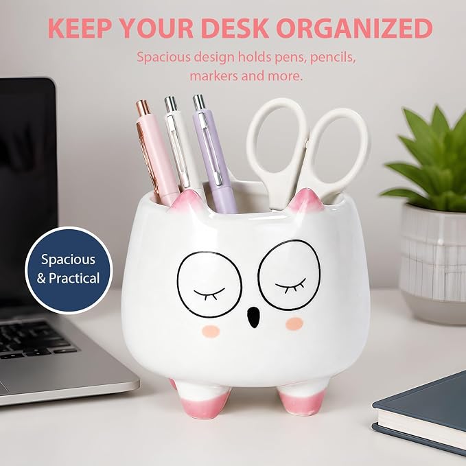 Ceramic Cat Shaped Pen Pencil Holder for Desk Decoration Accessories Cat Decor Makeup Brush Pen Cups Office School Ideal Gifts for Women, Mom or Birthdays