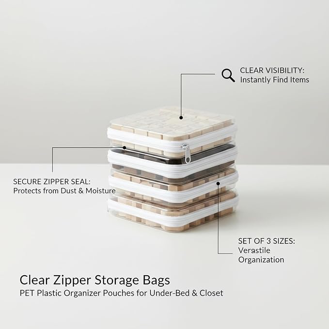 3-Pack Clear PET Zipper Storage Bags, White Organizer Pouches for Closet, Drawer & Under-Bed Organization, Durable Transparent Containers
