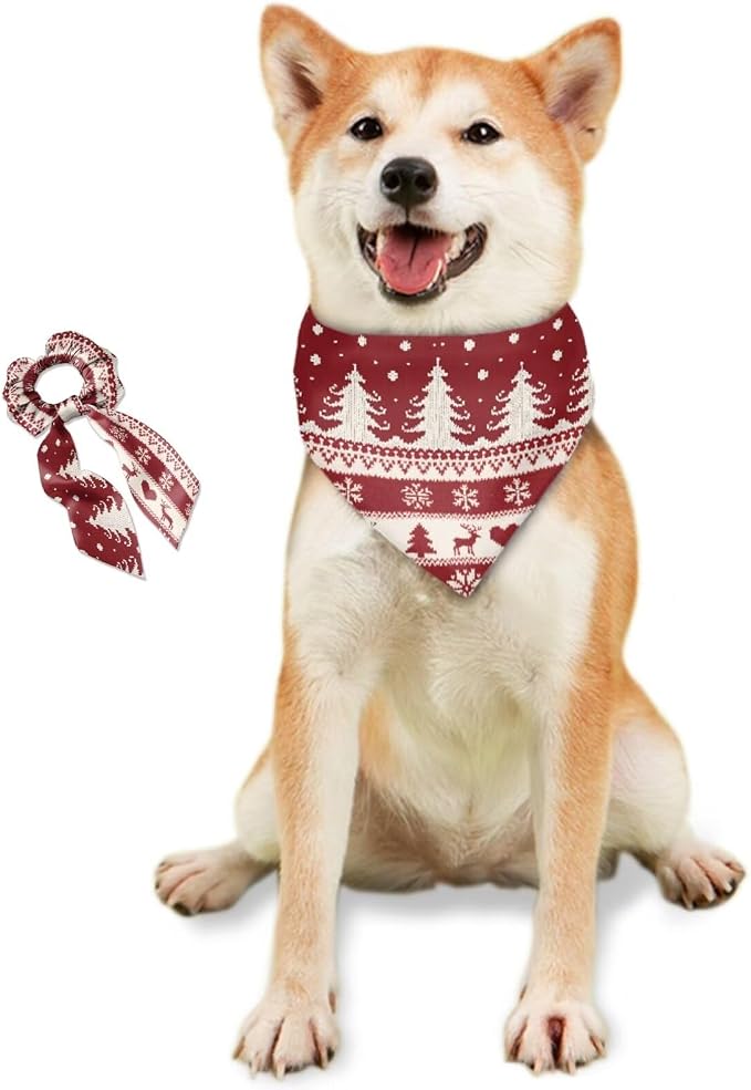 COEQINE Christmas Dog Bandanas Cotton Dogs Accessories with Hair Tie Organizer Travel Cute Xmas Tree Red Western Deer Pattern Dog Bandanas Bulk for Holiday Pet and Owner Matching Outfits