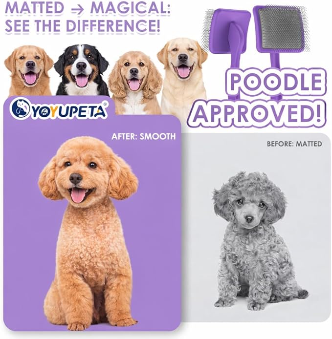 Large Dog Slicker Brush for Goldendoodles, Poodles - 3 in 1 Grooming Kit with Undercoat Rake, Comb - Extra Long Pins for Dematting Great Pyrenees, Thick Coats, Shedding, Detangling, Purple