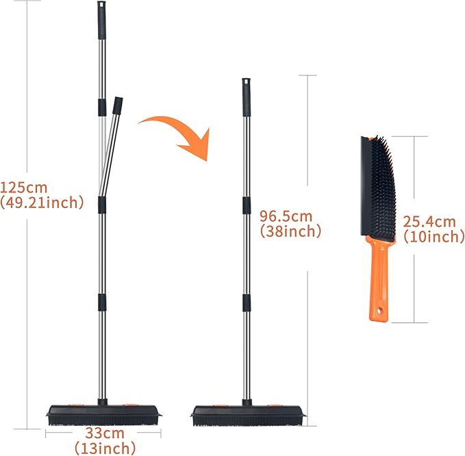 LandHope Carpet Rake for Pet Hair Remover Long Handle with Squeegee, Rubber Broom Carpet Brush Non Scratch Bristles Fur Remover Indoor Outdoor Push Broom for Cat Dog Hair Hardwood Tile Windows Clean