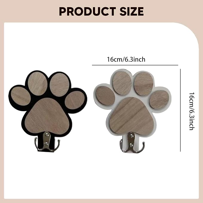 2 Pieces Dog Leash Holder Wall Mount Organizer Wooden Double Hooks Pet Collars Hanger Paw Print Key Rack Suitable for Room Home Organization