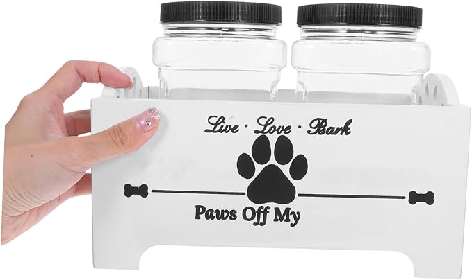 HOMSFOU Wooden Dog Treat Container Box with Airtight Lid and Double Jars, Pet Food Storage Organizer for Household Use, White Crate Suitable for Dog Snacks and Biscuits