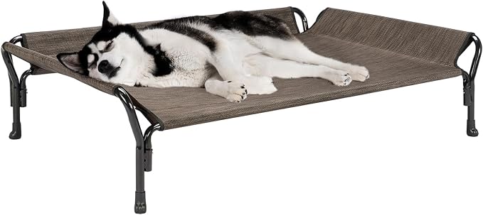 Veehoo Cooling Elevated Dog Bed, Raised Dog Cot with Guardrail & Headrest | Washable Dog Couch Bed for Indoor & Outdoor, Durable Breathable Teslin Mesh, Non-Slip Feet, Large 47" x 32", Brown
