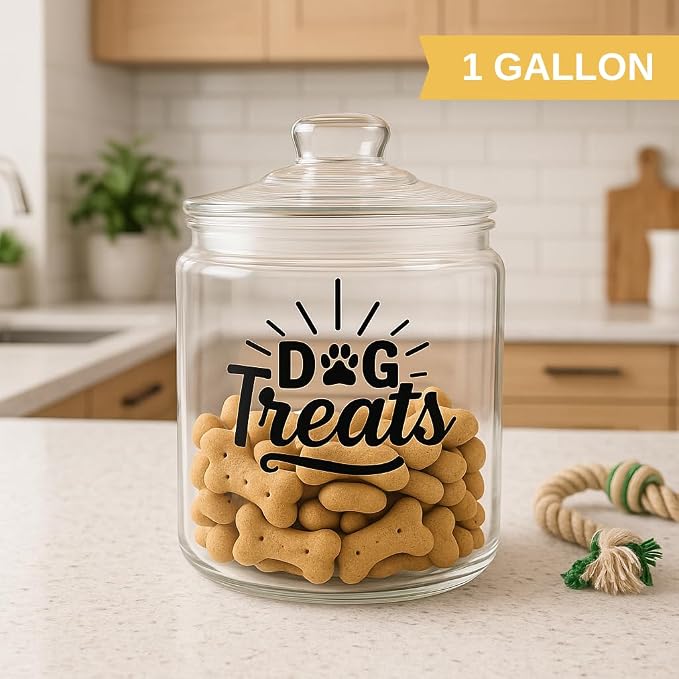 1-Gallon Glass Dog Treat Container Airtight – Large Countertop Dog Cookie Jar with Lid for Dog Treat Storage, Decorative Treat Jar & Dachshund Accessories