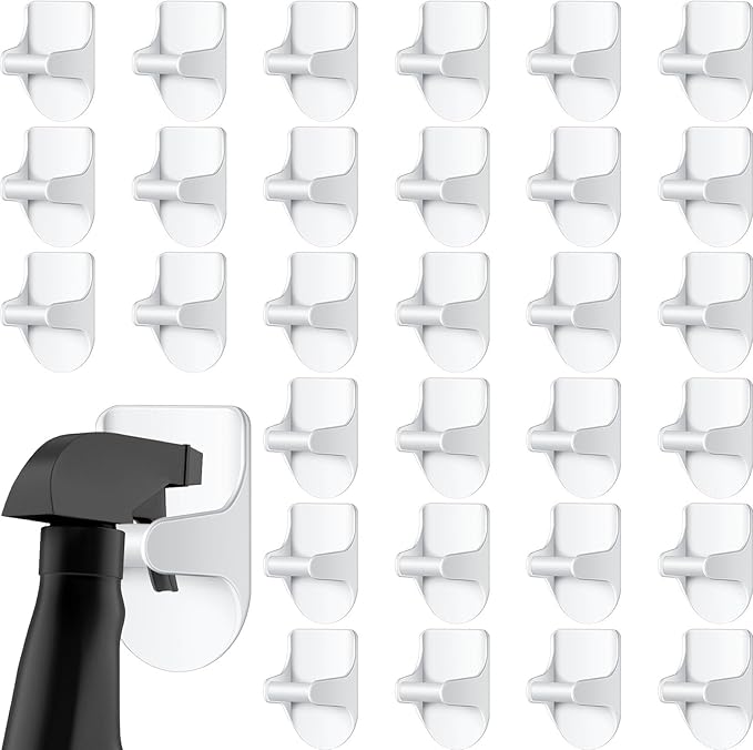 8 Pcs Wall Mount Spray Bottle Hooks Holder Spray Bottle Hanger Adhesive Hook to Create Storage Space Rack Organizer Hanger for Cabinet Kitchen Variety Surfaces (White)