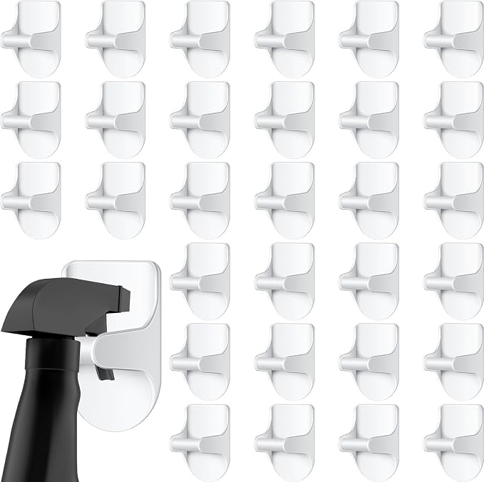 4 Pcs Wall Mount Spray Bottle Hooks Holder Spray Bottle Hanger Adhesive Hook to Create Storage Space Rack Organizer Hanger for Cabinet Kitchen Variety Surfaces (White)