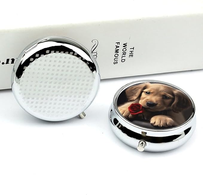 Cute Pet Dog Round Metal Pill Organizer 3 Compartment Travel Pill Case with Mirror Waterproof & Leak-Proof for Daily Meds Vitamins Supplements Fits in Purse Pocket Bag