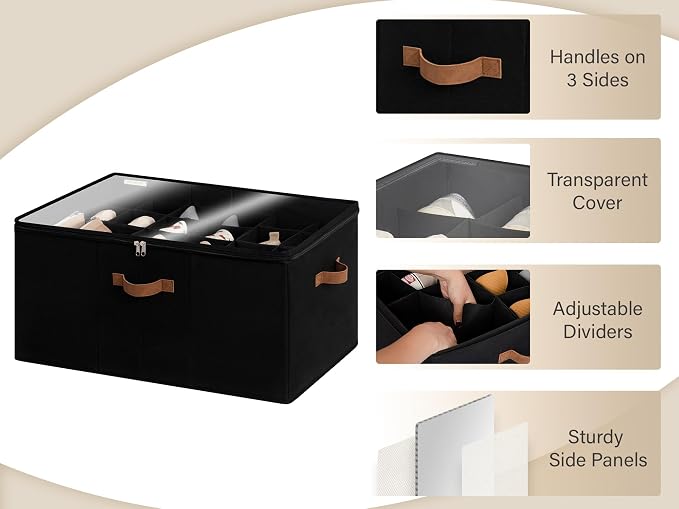 StorageWorks 24-Pair Large Shoe Organizer Box, Adjustable Dividers, Black | Holds up to 24 Pairs, Foldable, Clear Lid, Reinforced Handles, Fits Sneakers, Boots & Heels, For Living Room, Entryway