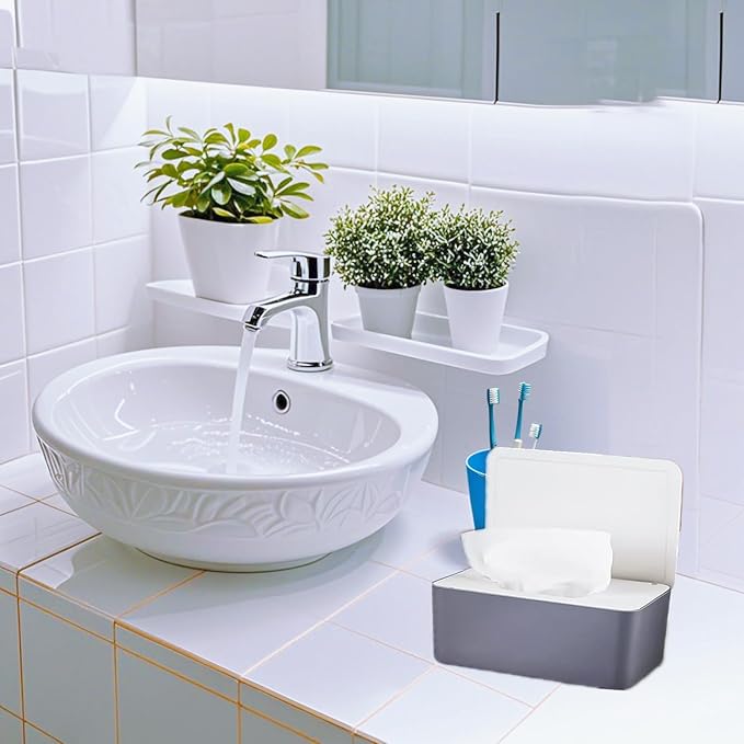 Wipes Dispenser Set,1 Wipe Box & 2 Portable Pouches,Grey-White | Refillable Reusable Large Wet Wipe Holder, Flushable Wipes Case Bathroom Wipes Container for Pet Nursery Kitchen Office