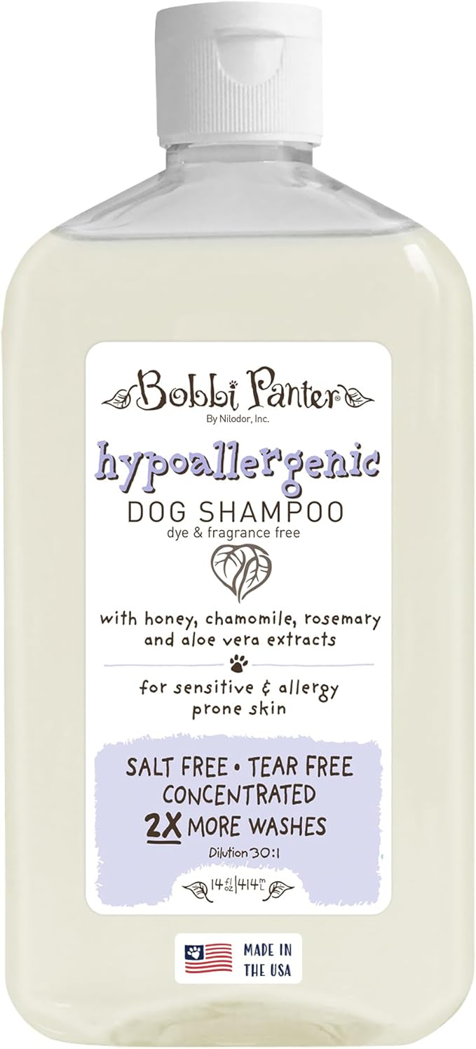Bobbi Panter Hypoallergenic Dog Shampoo Honey, Aloe Vera, Chamomile & Rosemary – Dye & Fragrance Free Natural Formula for Sensitive & Allergy Skin, Tear-Free, 30:1 Concentrate, Made in USA, 14 oz