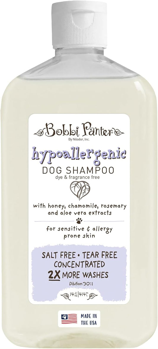 Bobbi Panter Hypoallergenic Dog Shampoo Honey, Aloe Vera, Chamomile & Rosemary – Dye & Fragrance Free Natural Formula for Sensitive & Allergy Skin, Tear-Free, 30:1 Concentrate, Made in USA, 14 oz