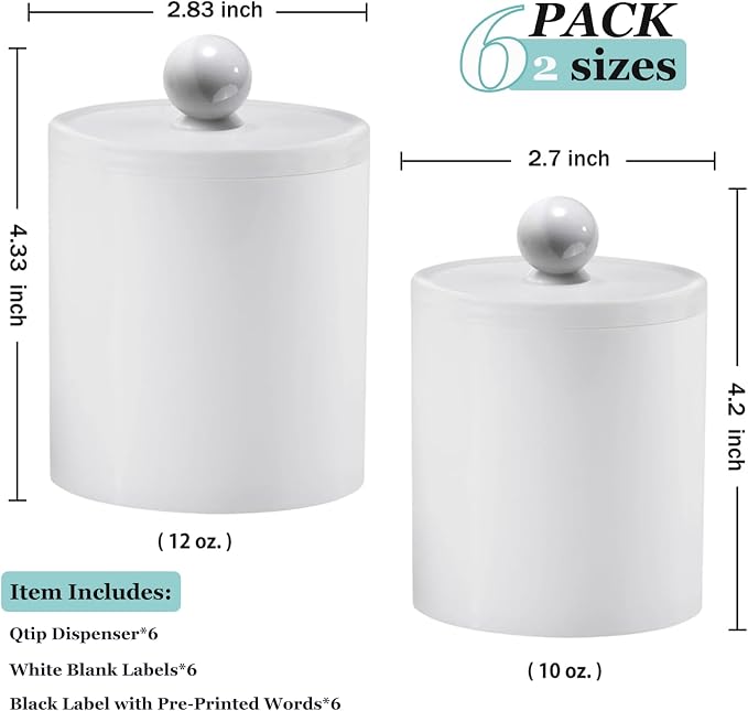 SheeChung 6 Pack Qtip Holder, White Acrylic Qtip Jars for Bathroom | (3) 10oz & (3) 12oz Shatterproof Qtip Holder Set-Bathroom Vanity Organizer for Cotton Swabs,Balls,Pads -Minimalist Decor