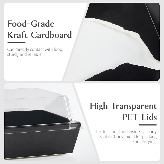 ZORRITA 50 Pack 5 Inch Paper Charcuterie Boxes with Clear Lids, Black | Small, Square, To Go Food Containers, Bakery Boxes, For Mini Cake, Desserts, Cookies, Sandwiches, Strawberries