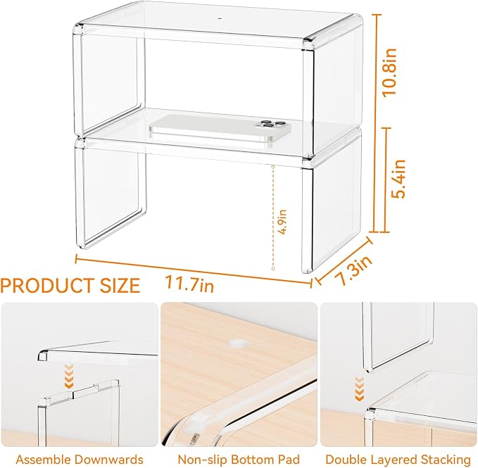 2 Pack Acrylic Cabinet Organizer,2 Tier Stackable Shelves for Cabinets,RV Pantry Organization,Counter Space Saver Desk Organizers,Cupboard Shelf and Cabinet Stand & Risers for Mug,Cup,Dish