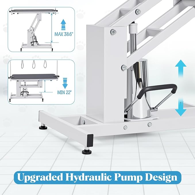 GarveeLife 43.3" Hydraulic Dog Grooming Table for Pet, Heavy Duty Structural Hydraulic Max Load 350Lbs Professional Pet Grooming Table with Adjustable Overhead Arm & Noose Height Range 22"-39" (White)