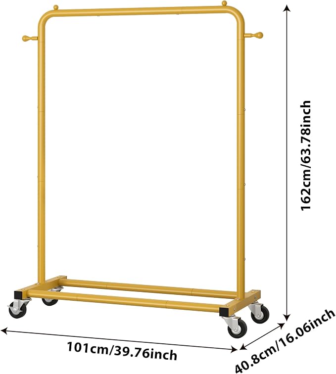 Sywhitta Metal Clothing Rack on Wheels with Bottom Shelf,Gold Yellow | Rolling Garment Rack for Hanging Clothes, Coats, Skirts, 39.76" L x 16" W x 63.78" H,Space-Saving Mobile Organizer for Closet