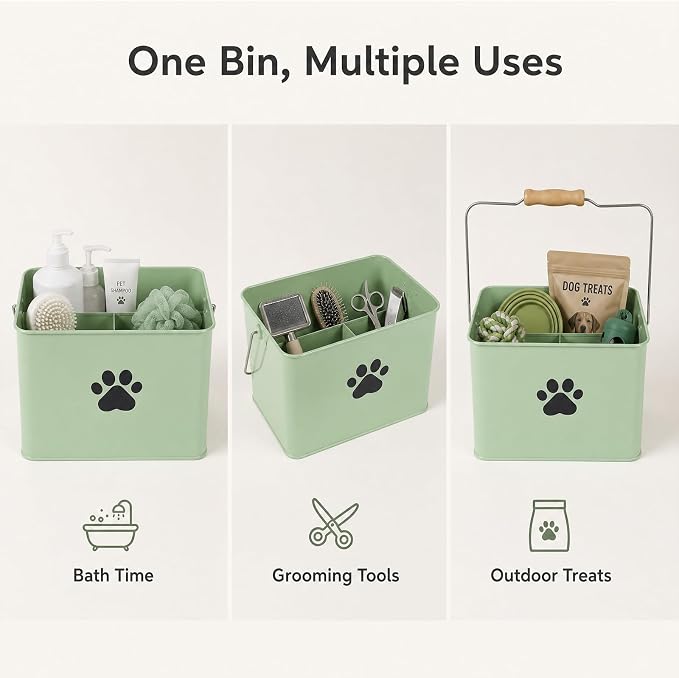 Pethiy Dog Grooming Bag Organizer Basket, Metal Dog Grooming Caddy-Green | Grooming Caddy with Carry Handle, Portable Pet Storage Bin for Bath Supplies, Grooming Tools,Waste Bags,Outdoor Pet Care