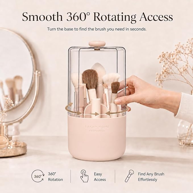 EACHY Makeup Brush Holder with Lid, 360° Rotating Vanity Organizer for Brushes, Dustproof Cosmetic Display Case, 7 Compartments, Waterproof Plastic (Pink)