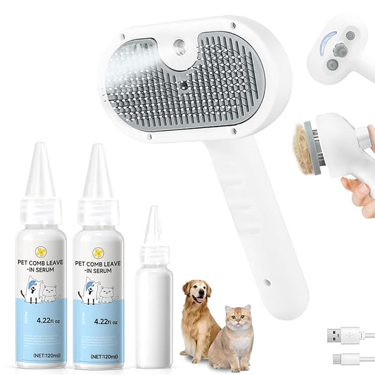 Pet Steam Brush for Dog & Cat - Pet comb leave-inserum for Shedding & Hair Removal - Self Cleaning Spray Comb with Mist for Long Haired Pets - Includes 2*Waterless Shampoo, Grey