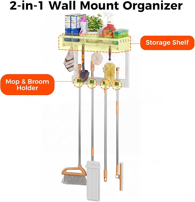 Broom Holder Wall Mount with Shelf,Broom Hanger with 4 Hooks,Broom and Mop Organizer Wall Hanging for Laundry,Garage, Utility,Broom Rack,Cleaning Supplies Organizer and Tool Storage,White