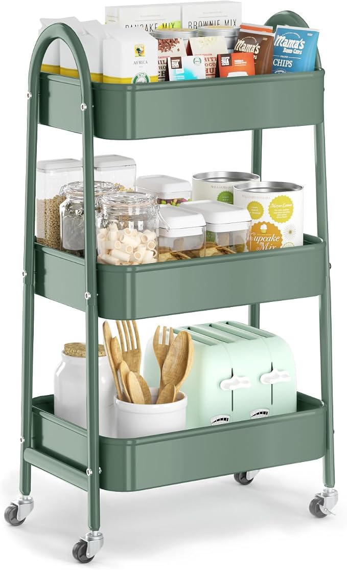 3 Tier Utility Rolling Cart, Metal Storage Cart with Handle and Lockable Wheels, Multifunctional Storage Organizer Trolley with Mesh Baskets for Kitchen, Living Room, Office, Garage (Jungle)