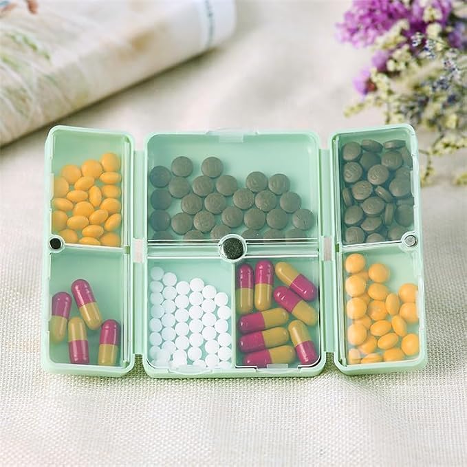 Small Magnetic Pill Case, 7-Day Weekly Travel Pill Box Container | 7 Compartments Medicine Organizer Dispenser, Daily Medication Holder Planner for Vitamin, Meds, Fish Oils, Supplement, Green