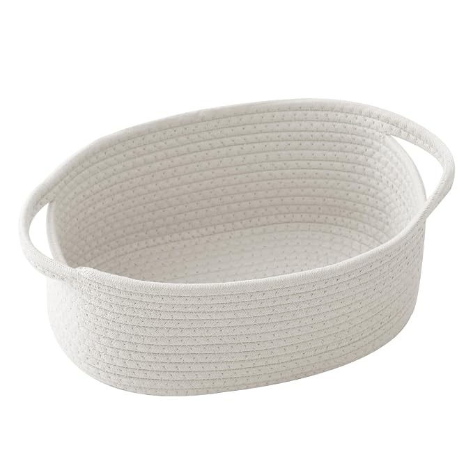 White Woven Rope Basket - Baby Gift Basket with Bag & Ribbon | Cotton rope with handle, 12 x 8 x 5 in, gift bag and ribbon, for baby shower, birthday, toy storage, nursery, shelf decor