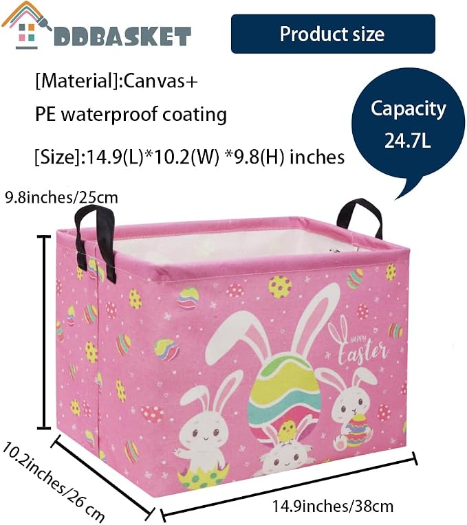 Rectangular Easter Baskets Gift Basket Empty Pink Bunny Kids Storage Bin Baby Boy Basket Kids Toy Storage Bin Organizer Box Easter Room Decor for Home(Pink Easter)