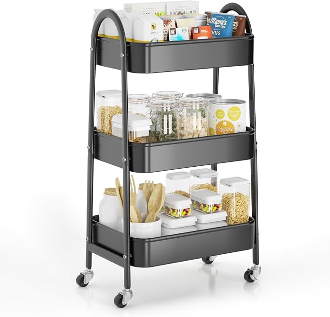 3 Tier Rolling Cart, Large Metal Storage Cart with Handle and Lockable Wheels, Big Multifunctional Storage Organizer Trolley with Mesh Baskets for Kitchen, Living Room, Office, Garage (Black)