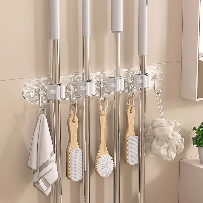 Wall Mount Mop Holder, Broom Storage Rack with Adjustable Rolling Balls, PET ABS Silicone Tool Organizer for Kitchen Garage Bathroom Closet Office(L)