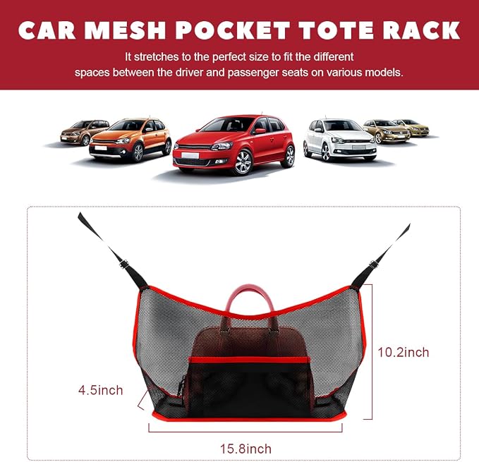 Car Net Pocket Handbag Holder, Driver Storage Netting Pouch Between Seats, Large Capacity Seat Back Organizer Mesh Pocket for Purses and Bags, Auto Backseat Pet Kids Barrier (Black & Red)