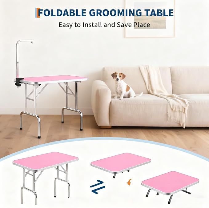 Dog Grooming Table, 30 Inch Pet Grooming Station w/Arm & Noose | Adjustable Height, Foldable Design, Non-Slip Surface & Mesh Tray, Holds Up to 330Lbs for Cat/Dog Trimming Drying, Pink