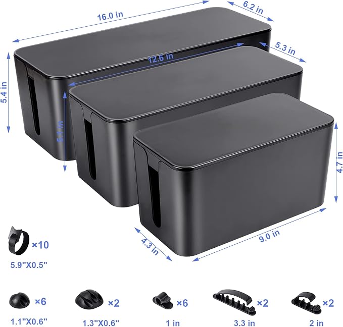 3 Pack Cable Organizer Box, Cable Management Box for Surge Protector | Under Desk Power Cover Cord Holder, TV Computer Wires Cord Organizer, Cable Management Set, for Home/Office(Black)
