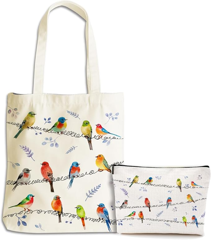 Aesthetic Cute Bird Gifts for Women Bird Lovers Girls Sister Mom Makeup Bag Canvas Tote Bag, Reusable Grocery Bags with Inner Pocket for Beach Gym Work Office Shopping Birthday Christmas Vacation