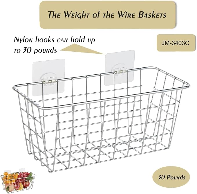 JUNCHU CHERRY 5 Pack Hanging Storage Basket, Bathroom Basket, Household Goods, with Traceless Tape, no Drilling, for Cabinet Storage, Kitchen, Bathroom, Storage Room,Chrome
