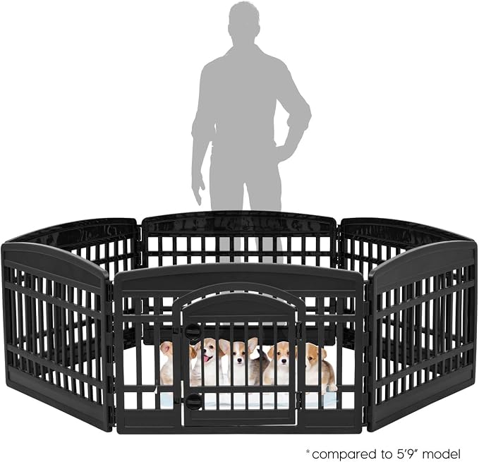 IRIS USA 6-Panel Dog Playpen, Pet Enclosure, Black | Pet Containment, Custom Pen Configuration, Multi-Shape Setup, Flexible Boundary, Tool-Free Assembly, Secure Door Latch