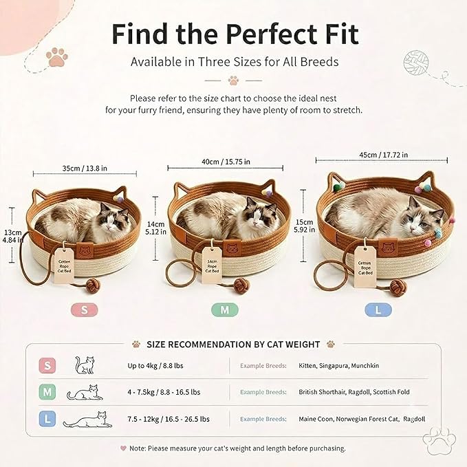 Instinct Basket for Cats,Cat Basket Bed with Cushion & Hanging Ball Toy,Handwoven Cotton Rope Cat Basket (Orange+Mat+Pillow,L(up to 27Lb))