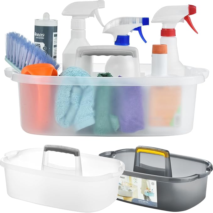 Large Cleaning Caddy with Handle, Cleaning Tool Storage Basket Organizer, Sturdy Pail Bucket Organizer, Household Bucket for Cleaning Supplies - Clear