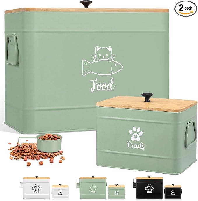 Reallnaive 2 Pcs Large Metal Cat Food Storage Containers 12+3.5 Lbs Decorative Pet Treat Snack Jars Airtight Bamboo Lids & Dry Food Scoop for Farmhouse Kitchen Counter Decor, Pet Owner Gifts(Green)