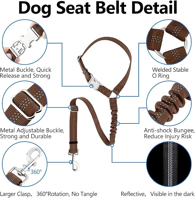 Plutus Pet Dog Seat Belt for Car Headrest, Reflective with Elastic Bungee | Adjustable Restraint for Safety, Vehicle Seatbelt Harness for Small Medium Large Dogs and Cats, Chocolate